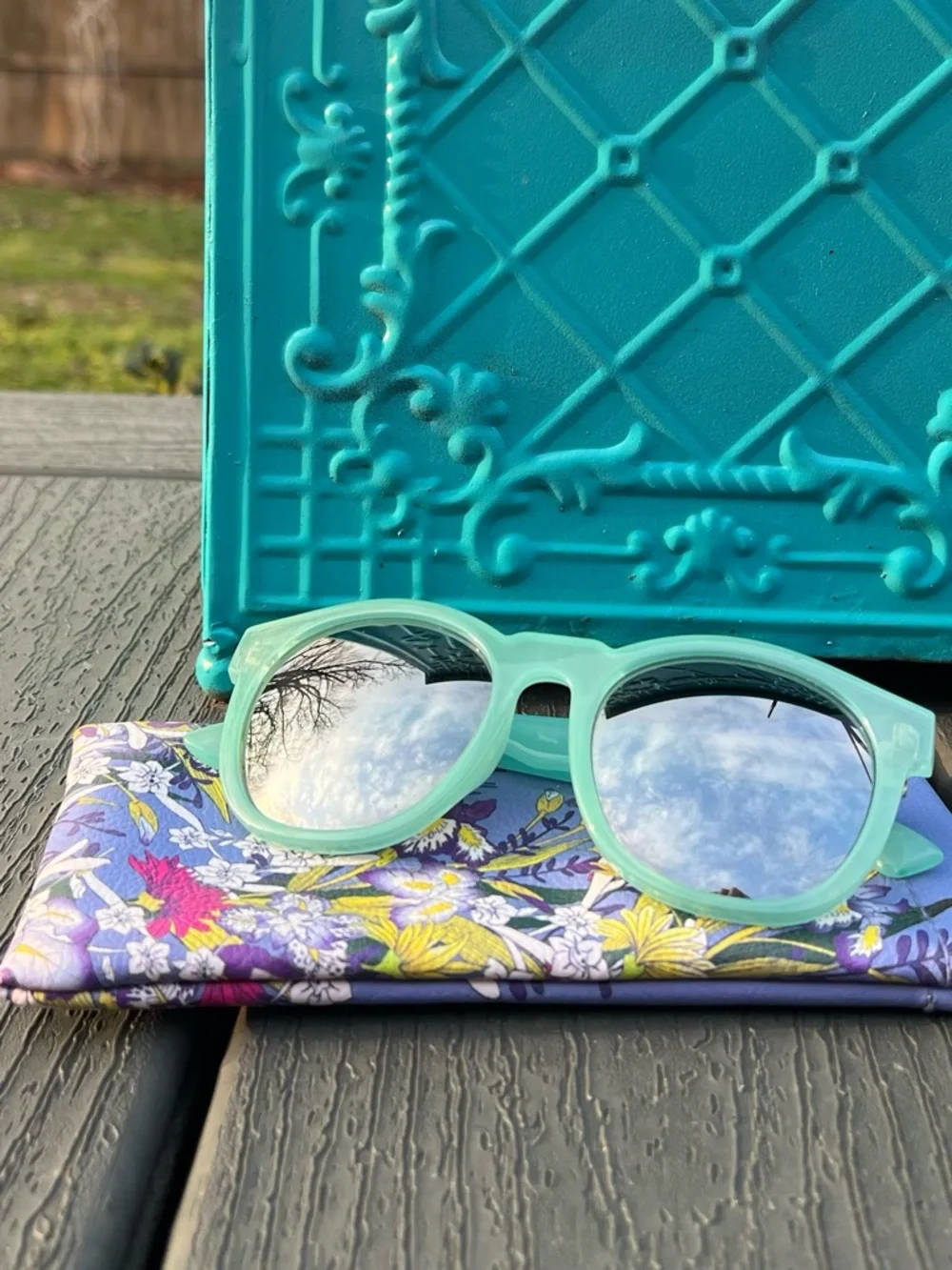 Retro Perverse Mirrored Light Blue Sunglasses w/ Floral Case UV400 Y2K